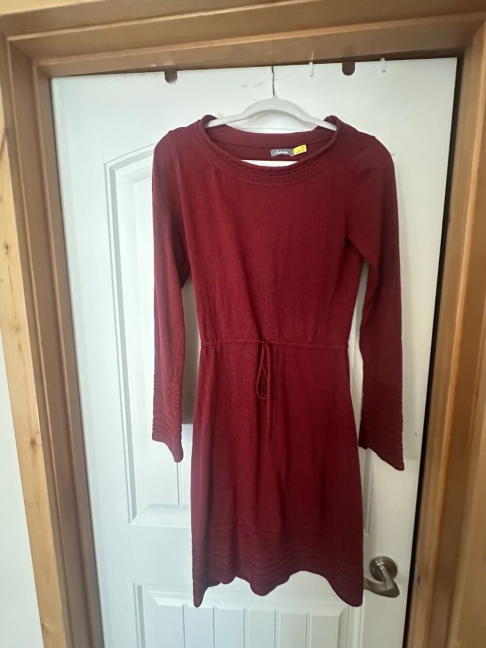 Cabela's Cable Knit Trim Sweater Dress Burgundy Drawstring Waist S